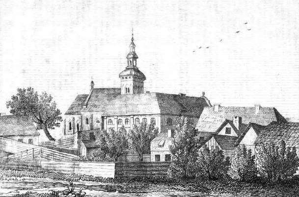 Dawny klasztor i kościół Bożogrobców pod wezwaniem św. Jana Chrzciciela na Górze Krzyżackiej w Gnieźnie. Litografia opublikowana w 1843 r. lub w 1845 r. w piśmie "Przyjaciel Ludu"